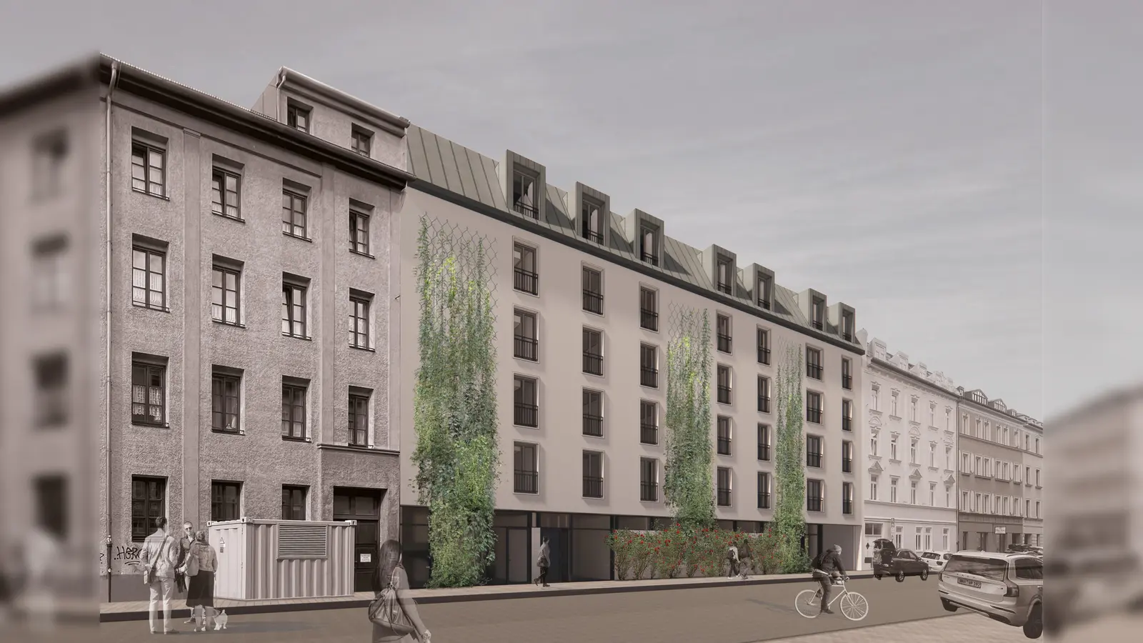 So soll der Anbau des Männerwohnheims in der Schleißheimerstraße aussehen, wenn er vollständig fertig ist. Er bietet 87 zusätzliche Wohnplätze. (Quelle: akgke Architekten)