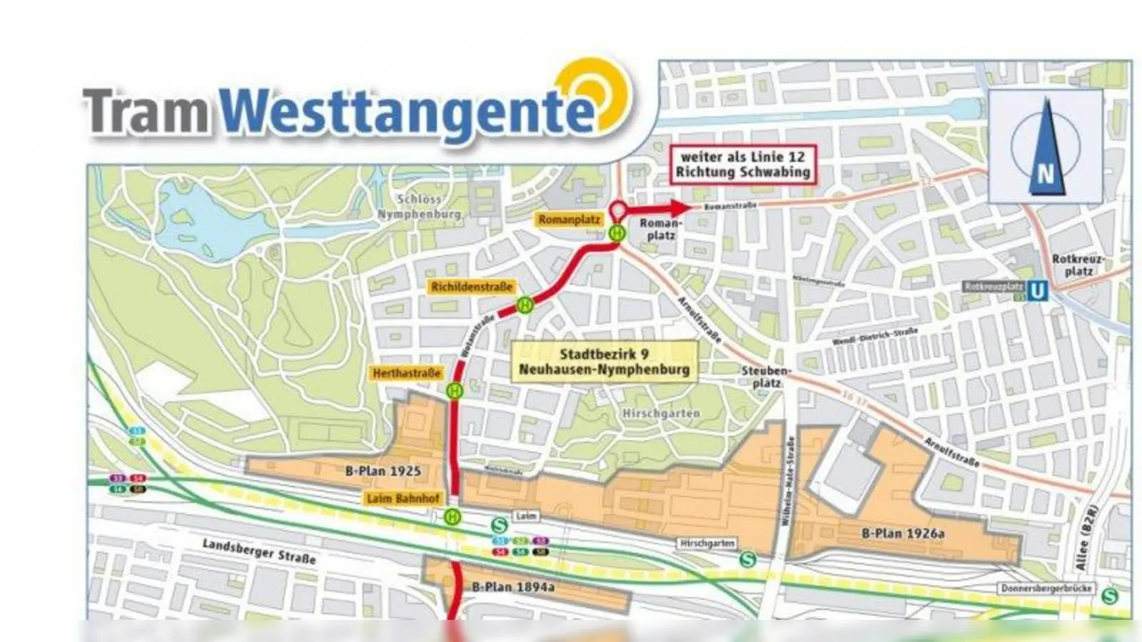 Im 9. Stadtbezirk soll die Tram auf ihrem Weg zum Romanplatz, vom S-Bahnhof Laim kommend, insgesamt drei Haltestellen anfahren. Im Bereich Winfriedstraße verschwenkt die Tram dann in die Mitte der Wotanstraße. Die momentan vorhandenen (Bus-) Haltestellen „Richildenstraße“ und „Kemnatenstraße“ können nicht erhalten bleiben. Eventuell soll auf Höhe der Winfriedstraße noch eine zusätzliche Haltestelle für die Tram eingerichtet werden. (Foto: MVG)
