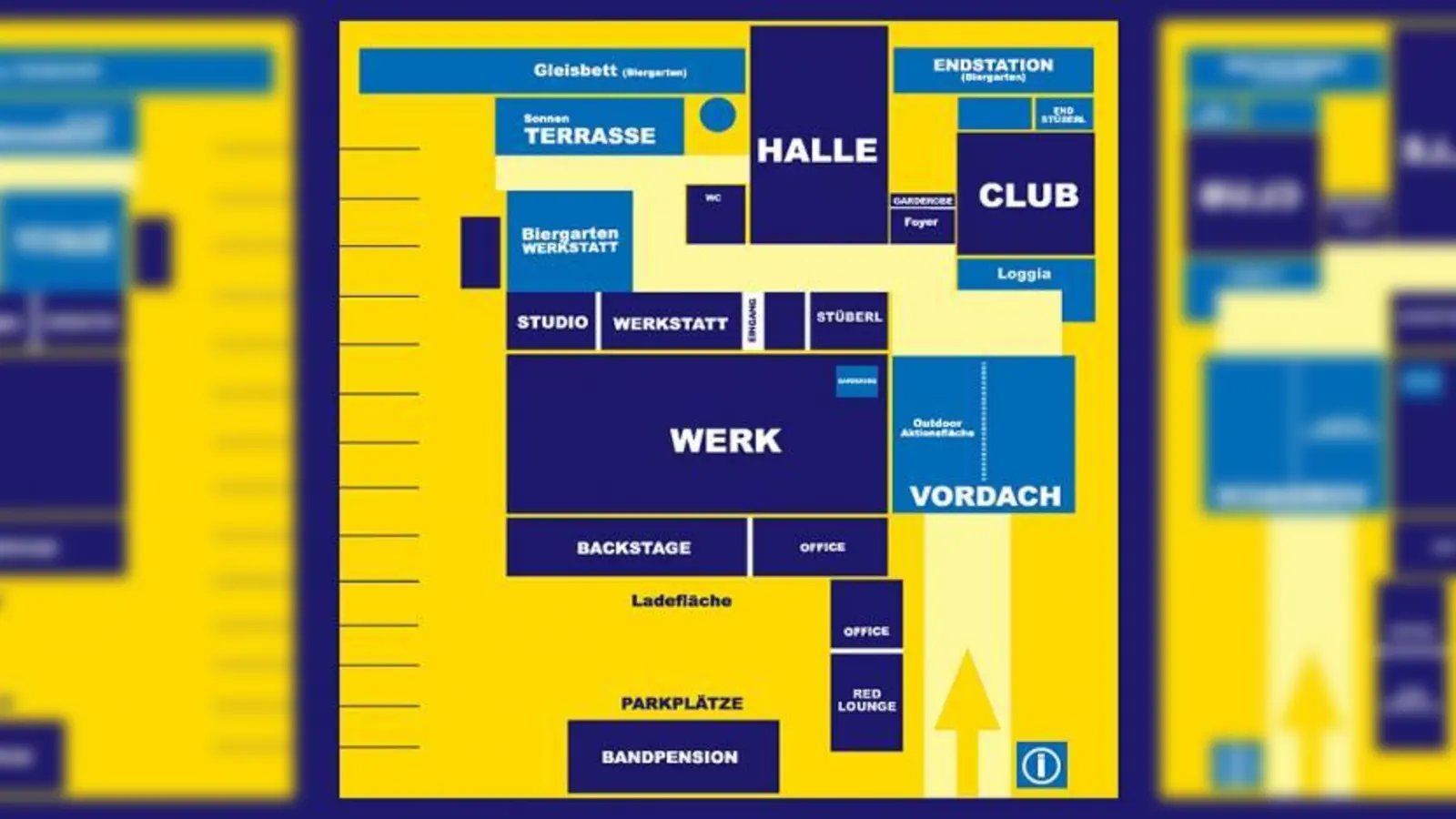 Der zur Zeit existierende und teilweise schon verwirklichte Plan der Backstage-Anlage, die aber bei einer Teil-Verlegung nach Westen (also nach links) völlig neue Verhältnisse und damit wohl auch Unmögliches ergeben würde (Foto: pi)