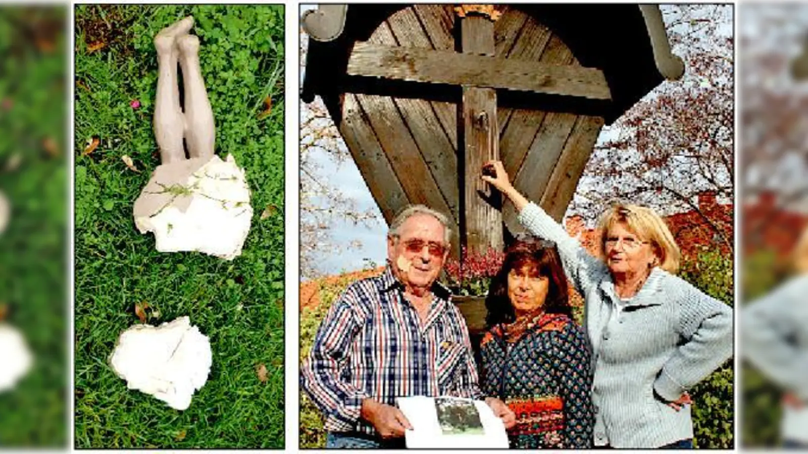 Die Christusfigur am Holzkreuz wurde zerstört  sehr zum Ärger der Vorstandschaft der Siedlergemeinschaft Kaltherberge (von links): Joseph Nadler, Vorsitzende Rosemarie Masin und Hannelore Wilhelm.	 (Fotos: ws/privat)