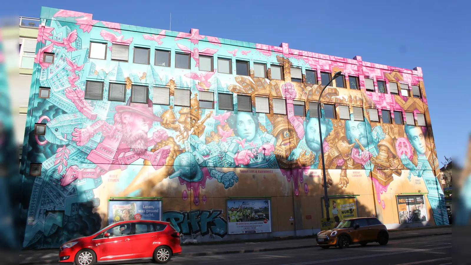 Das Graffiti am ehemaligen Umspannwerk in der Martin-Luther-Straße zeigt (von links) Kurt Eisner, Sarah Lerch-Rabinovitz, Erich Mühsam, Gustav Landauer und Ernst Toller: Vorkämpfer der Münchner Räterepublik, die im Frühjahr 1919 nur kurz Bestand hatte. (Foto: bs)