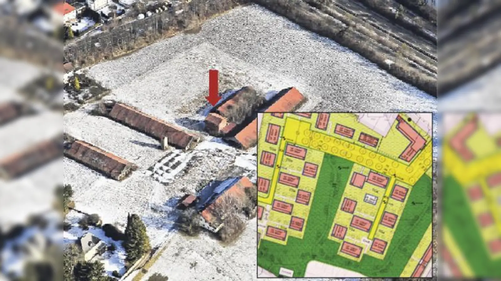 Im neuen Wohngebiet (kl. Bild) sollen Relikte der Ziegelei als Industriedenkmäler erhalten bleiben, etwa das Maschinenhaus (weißes Rechteck im Zentrum des Plans und Pfeil auf großem Bild). 	 (Foto: hgb, NordOstkultur e.V.)