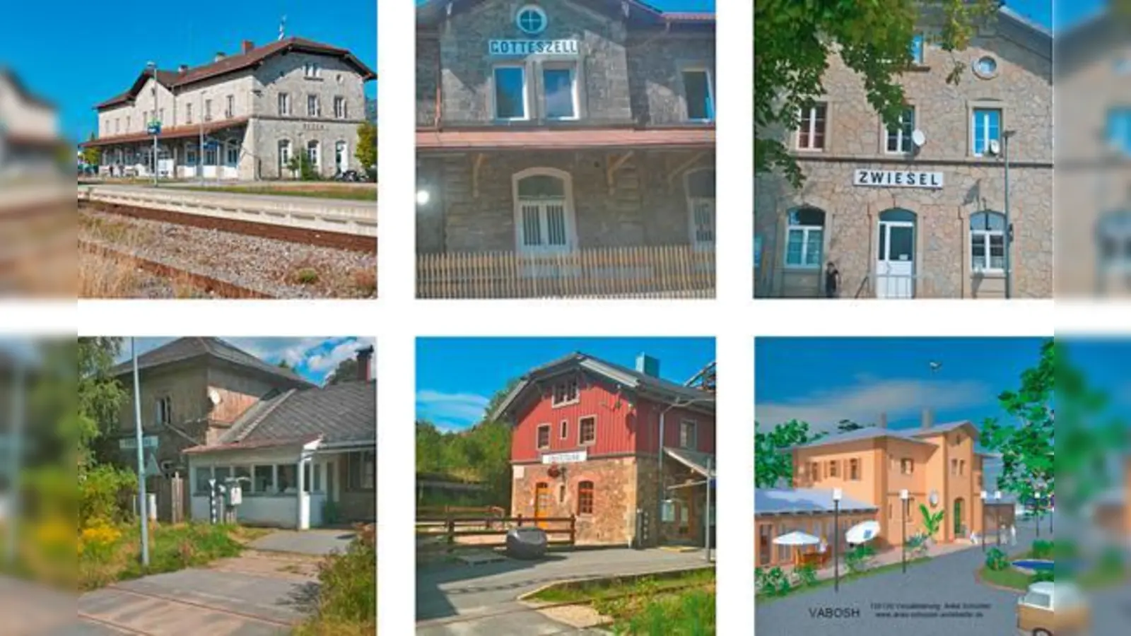 1. Regen (Ausschnitt); 2. Gotteszell; 3. Zwiesel; 4. Frauenau; 5. Spiegelau; 6. Schleißheim (Visualisierung 2020); © Nr. 1: Stephan John; Nrn. 2 bis 5 Andreas C. Hofmann; Nr.  (Foto: Anke Schuster.)