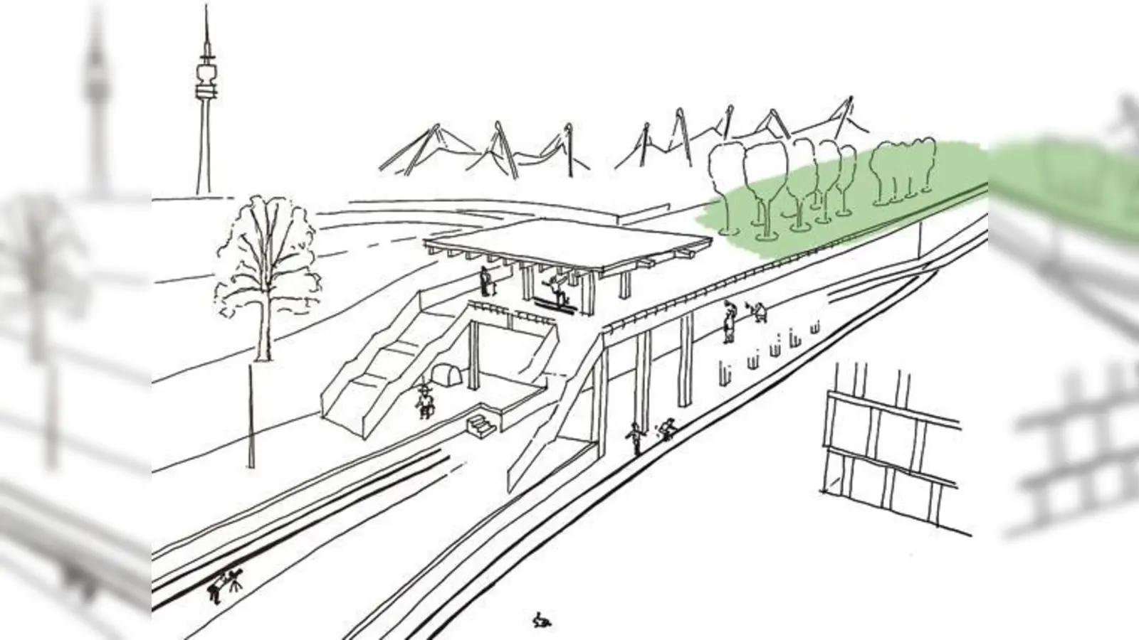 Den stillgelegten Bahnhof im Olympiapark darf man nicht mehr betreten. Die Spielaktion findet daher rund um das alte Bauwerk statt. 	 (Foto: PA/Spielkultur e.V.)