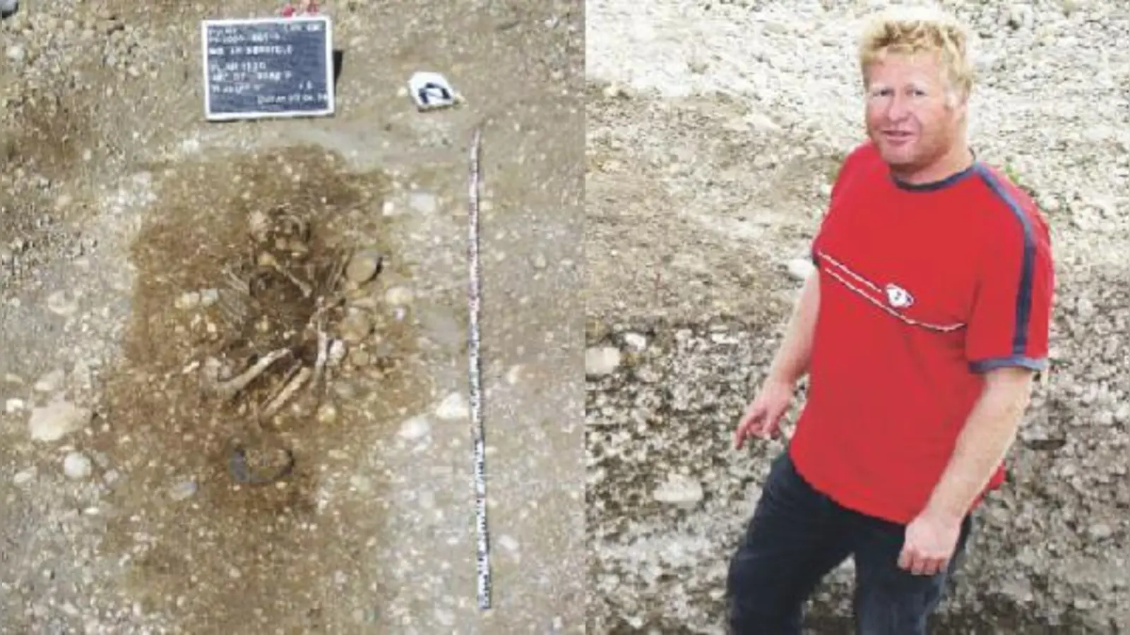 Das Wohnbaugebiet W5 in Poing fördert Beachtliches zutage: neben Brunnen, Holzpflöcken und Feuerstellen auch ein Skelett (li.). Ausgrabungsleiter Norbert Piller (re.) zeigt sich begeistert.	 (Foto: Petra Tränkel)