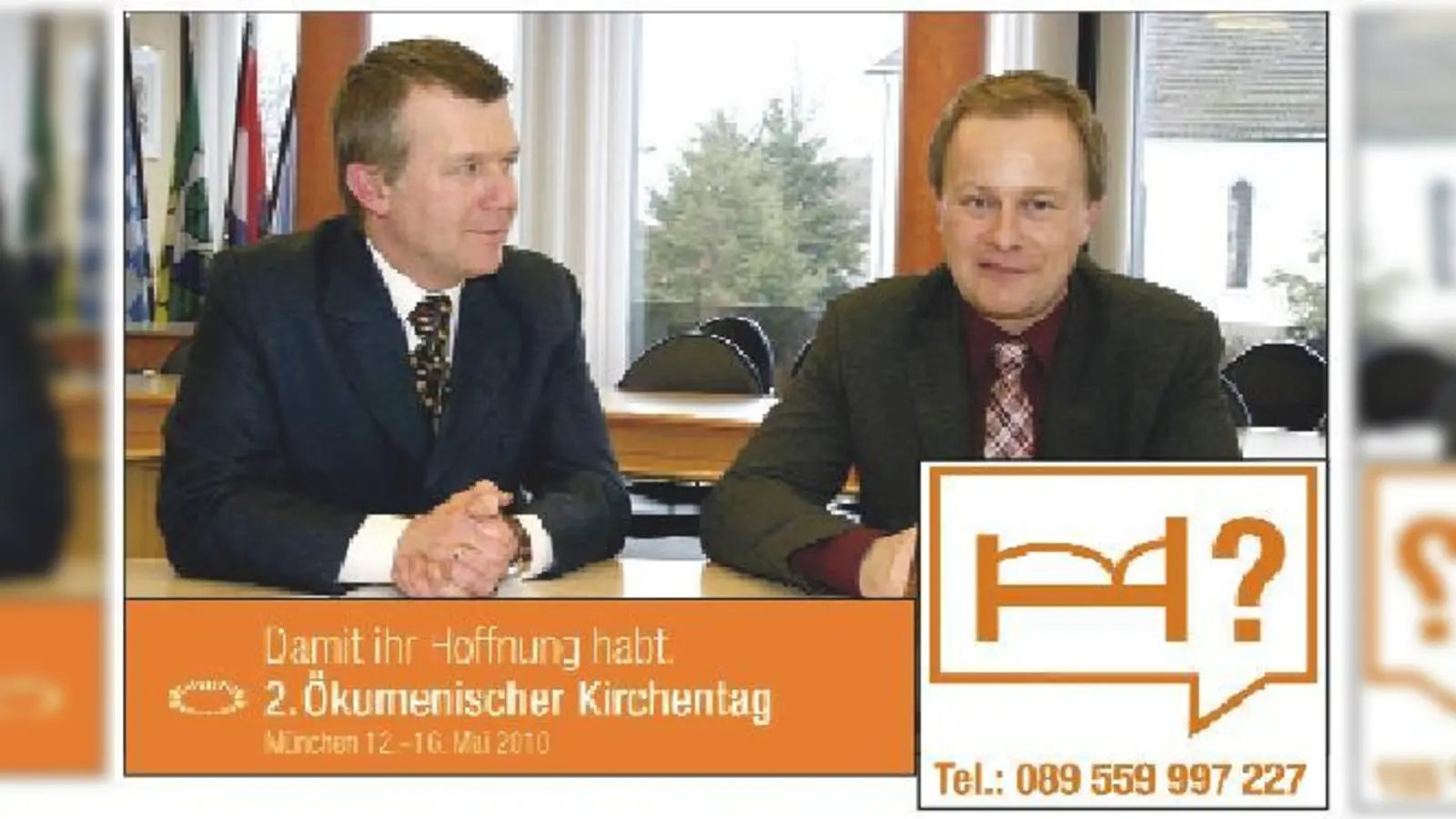 Pfarrer Lucas Graßal (li.) und Bürgermeister Robert Niedergesäß (re.) werben für Privatunterkünfte der Besucher des ökumen. Kirchentages.	 (Foto: pt)
