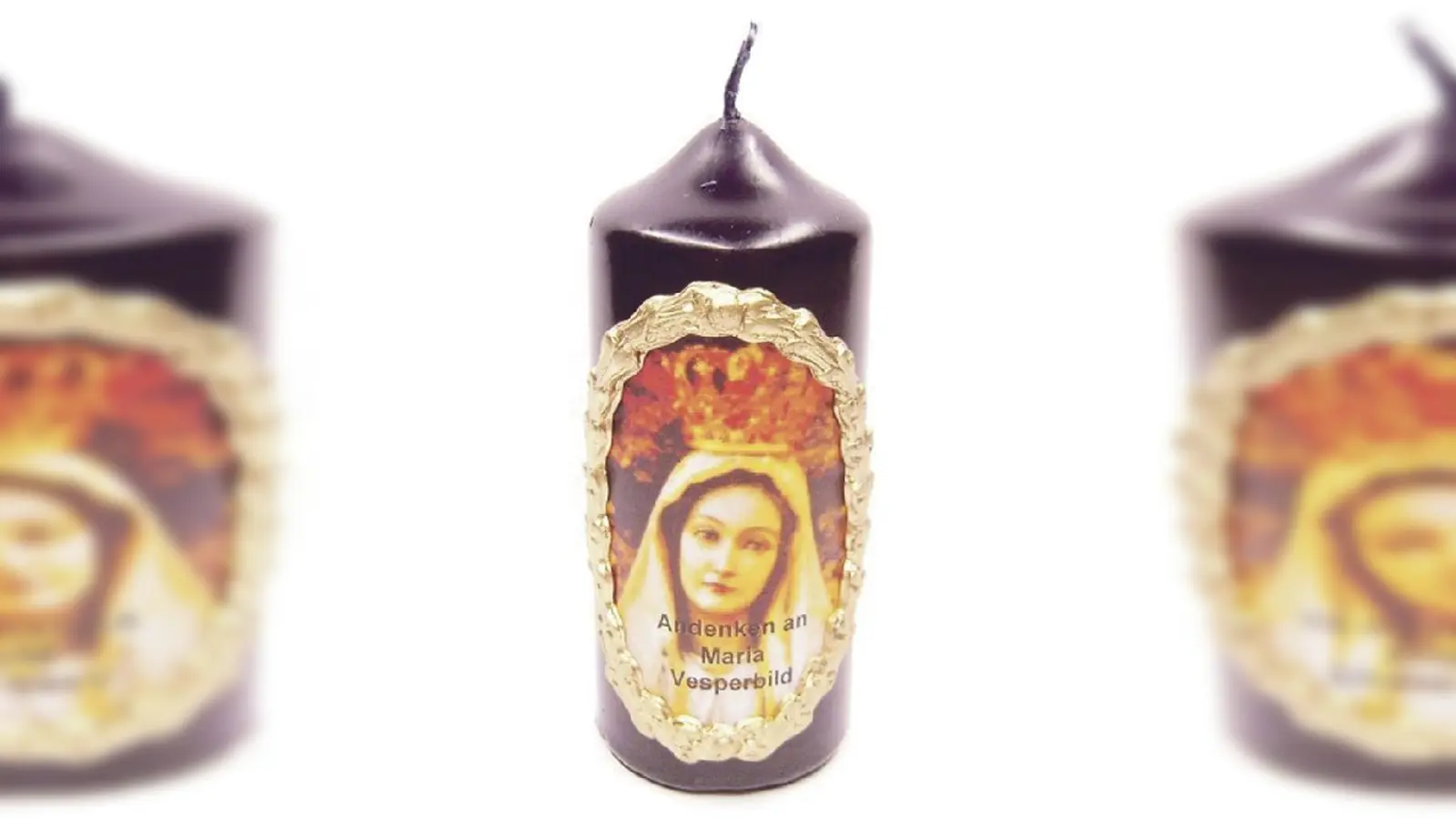 Schwarze Wetterkerze aus Maria Vesperbild mit einer Abbildung der Fatima Madonna aus der Marien-Grotte in Maria Vesperbild.&nbsp;	 (Bildnachweis: Gnadentipp.de)