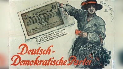 „Die Hausfrau endlich wieder lacht ... „ 1924 feiert die Deutsch-Demokratische Partei (DDP) die Währungsumstellung, die „die Befreiung von der Lebensmitteljagd” erreicht habe. (Foto: Stadtarchiv München DE-1992-PL-01623)