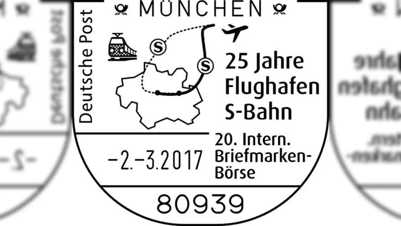 Der Sonderstempel zum 25. Geburtstag der Münchner Flughafen-S-Bahn.	 	   (Foto: Deutsche Post)