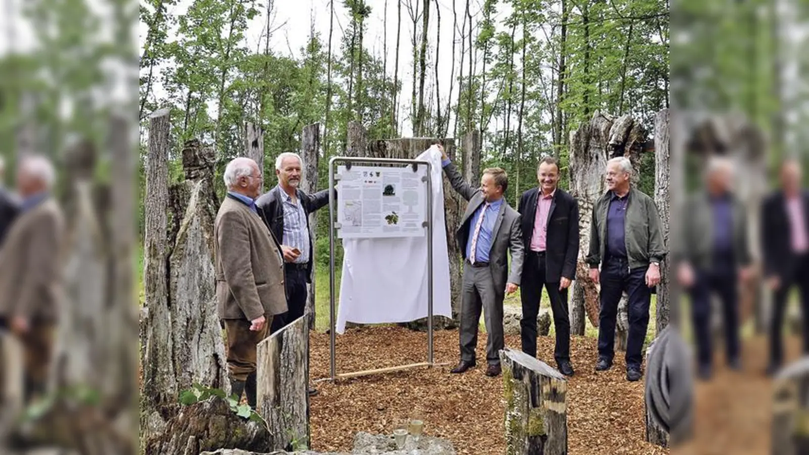 Kreisheimatpfleger Max Krammer, Johann Taschner, Robert Niedergesäß, Bürgermeister Eugen Gilhuber und Bartholomäus Mäusl (v. l.).	 (Foto: Föll)