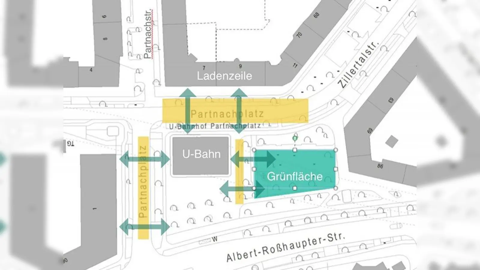 Der Partnachplatz soll schöner werden. Zwischen dem U-Bahn-Gebäude und der Grünfläche im Osten sowie zwischen dem U-Bahn-Gebäude, der Grünfläche im Norden befinden sich Barrieren. Sie sollen so weit wie möglich entfernt und Verbindungen geschaffen werden. (Foto: WohnWerkstatt Urbanes Wohnen e.V.)