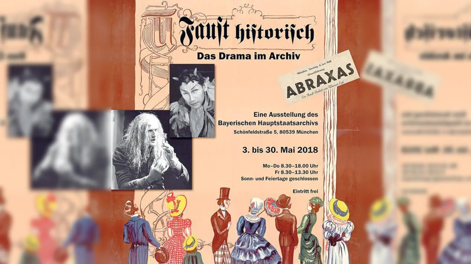 Das Werbeplakat für den ersten Band des Reclam-Verlages, nämlich Goethes Faust, diente als Vorlage für das Ausstellungsplakat. Ein festlich gekleidetes bürgerliches Theaterpublikum betrachtet Goethes Faust.  (Foto: Bayr. Hauptstaatsarchiv)