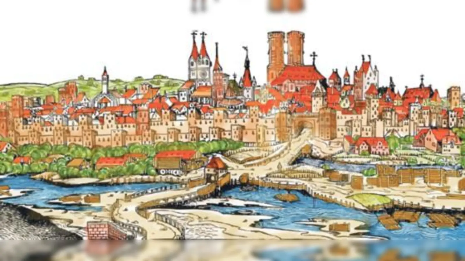 Die Isarbrücke 1493 mit der Straße zum Isartor und die Untere Lände mit den Holzstapelplätzen, festgehalten von Michael Wolgemut.  (Foto: aus Flößerei und Holztrift in München, Franz Schiermeier Verlag)