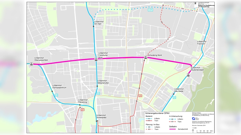 Zwischen Oberwiesenfeld im Westen und Studentenstadt im Osten könnte die Seilbahn den Nahverkehr entlasten. Dabei würde sie über den ganzen Frankfurter Ring geführt. (Foto: © LHM)