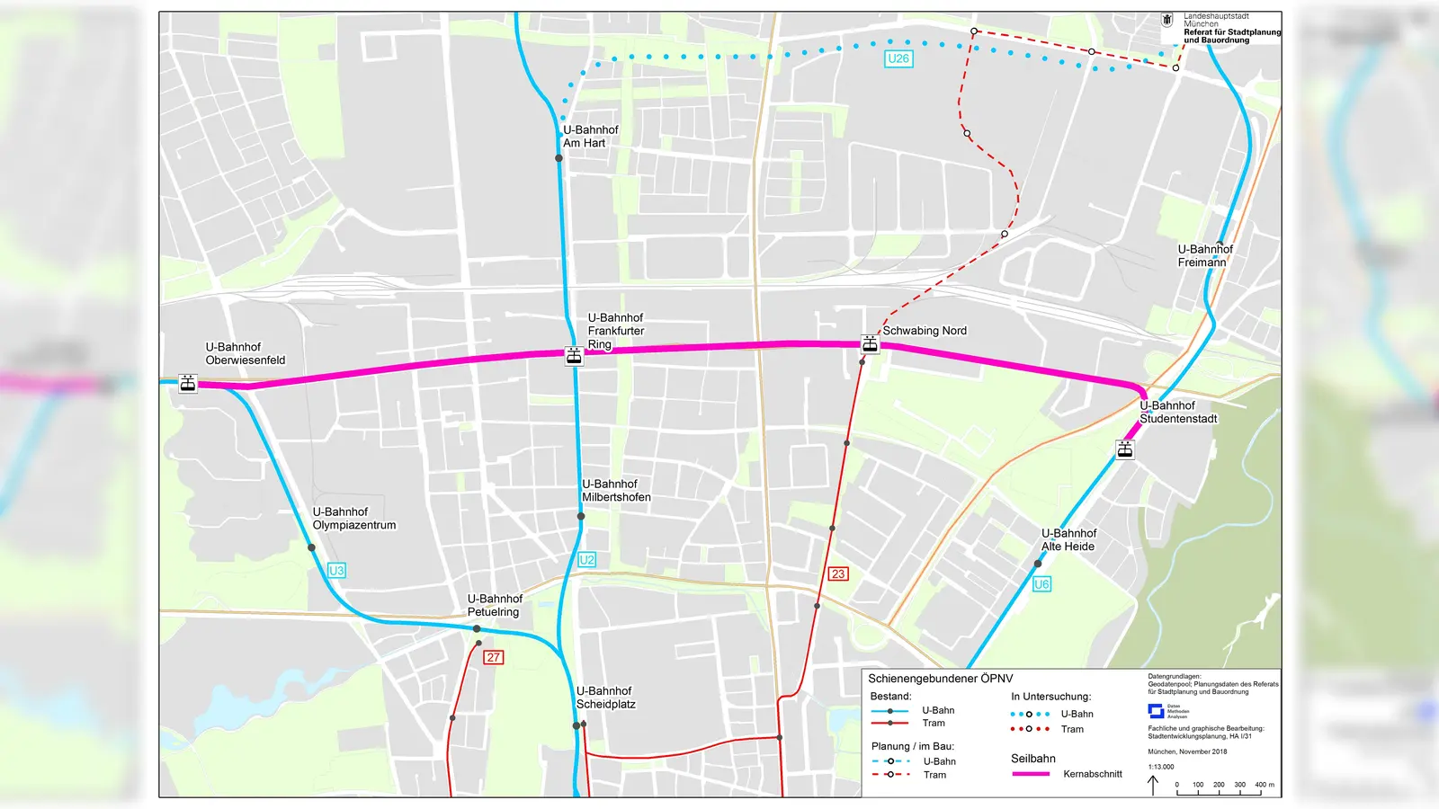 Zwischen Oberwiesenfeld im Westen und Studentenstadt im Osten könnte die Seilbahn den Nahverkehr entlasten. Dabei würde sie über den ganzen Frankfurter Ring geführt. (Foto: © LHM)