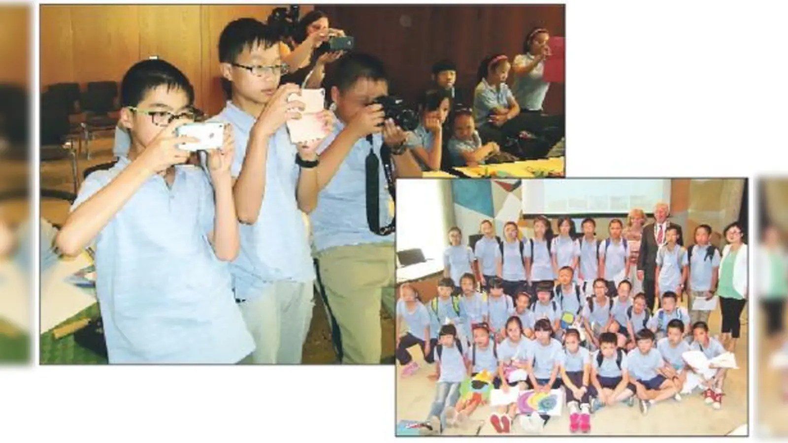 Bitte recht freundlich! Die Schüler mit Lehrerin  A Miao He, Unterföhrings Rektorin Angelika Hillen und Bürgermeister Franz Schwarz.	 (Fotos: hgb)