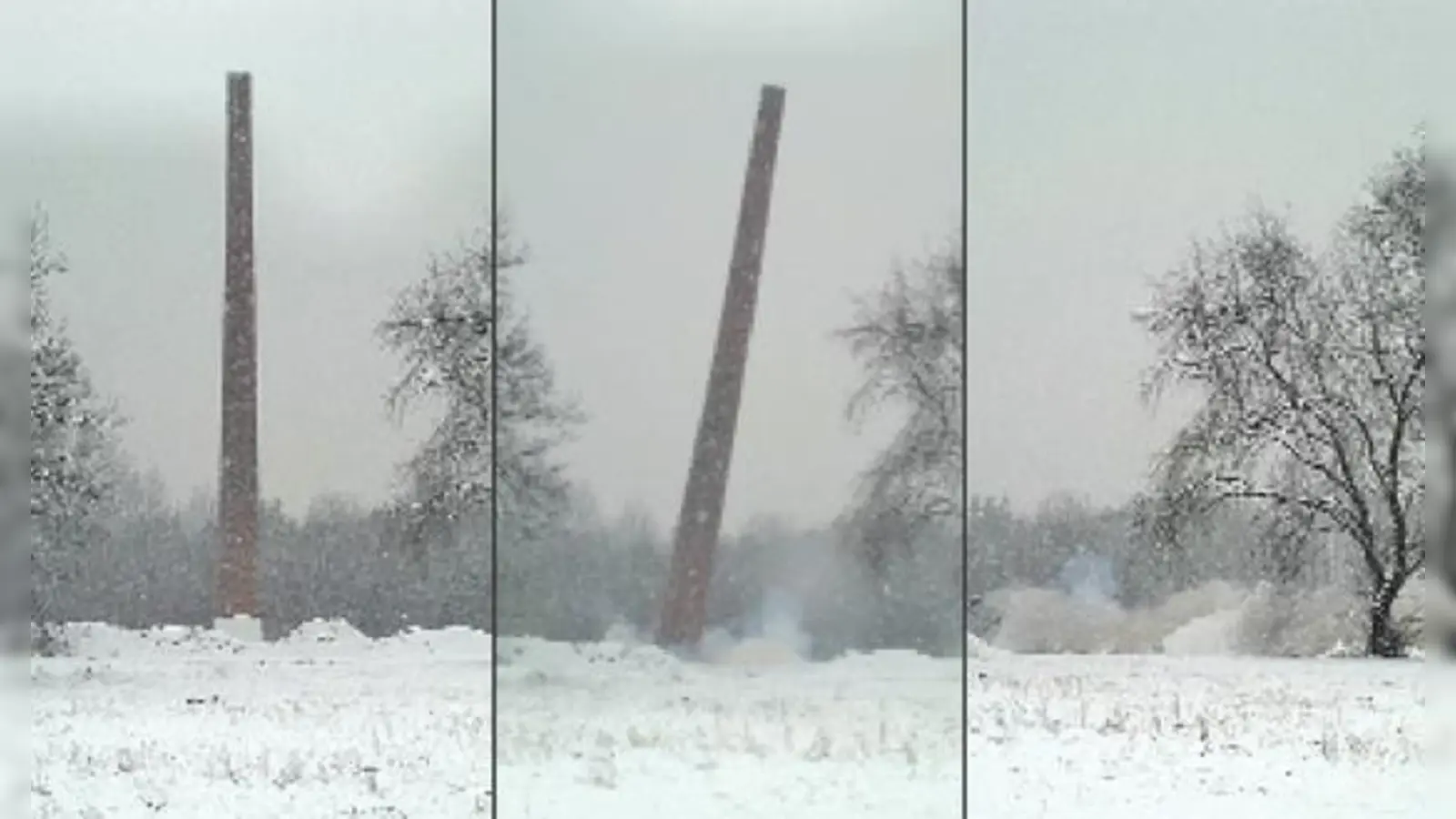 Byebye! Links steht er noch, dann macht er einen auf Pisa, zuletzt ist er nur noch ein Haufen Klinkersteine: der Kamin der Prinz-Eugen-Kaserne.	 (Foto: ikb)