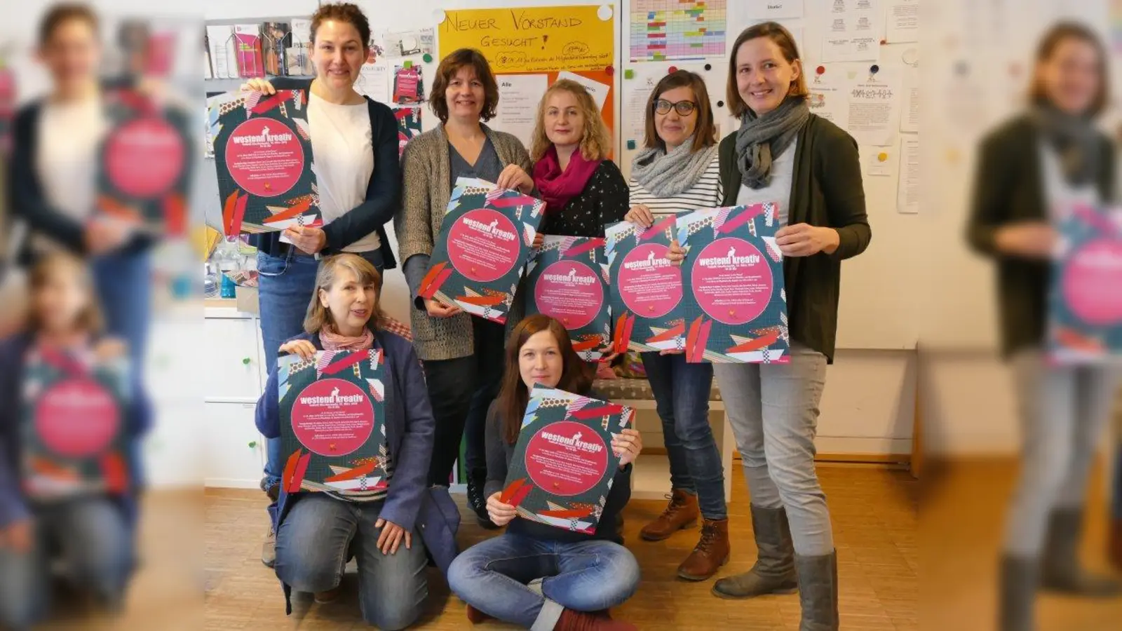 Beteiltigt am Künstlermarkt „Westend kreativ” sind unter anderem (hinten, von links): Doris Nolte-Strnad, Sabine Jaschke, Aniko Stefko, Alexandra Dost, Mara Jirden, (vorne, von links): Natalie Squire, Franziska Poltinger. (Foto: ds)
