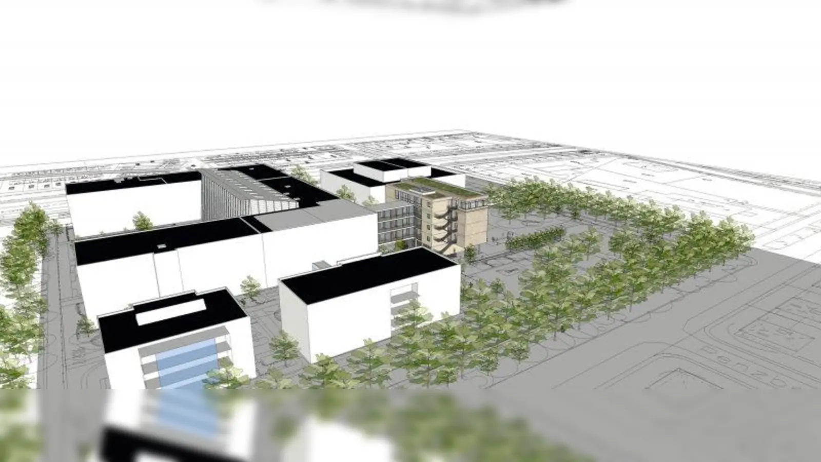 Der geplante Neubau (beige) der ICP-Grundschule auf dem Gelände an der Garmischer Straße. (Foto: ICP)