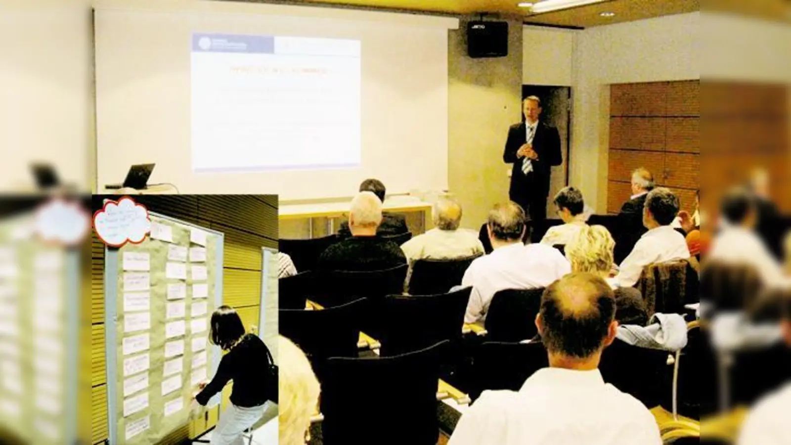 Christoph Breuer (Deutsche Sporthochschule Köln) stellt dem Publikum die Ergebnisse der Studie vor. Auf Tafeln werden erste Verbesserungsvorschläge der Bürger gesammelt.  Fotos  ((2): rob)