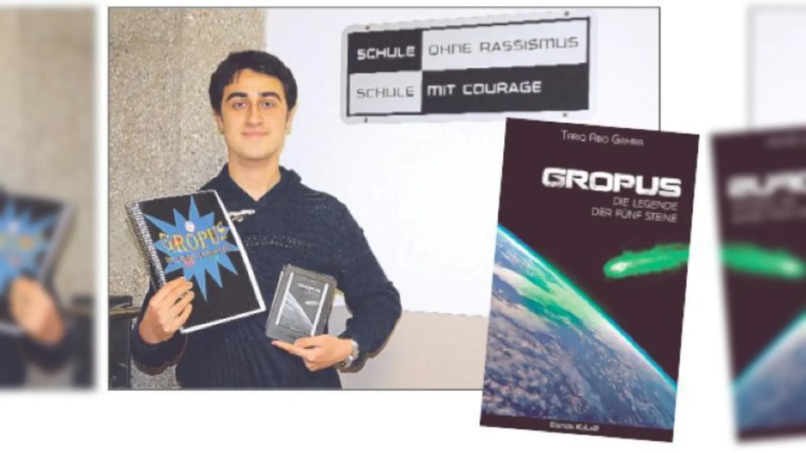 Jungautor Tariq Abo Gamra mit seinem Buch in seiner Schule, dem Giselagymnasium.	 (Foto: js)