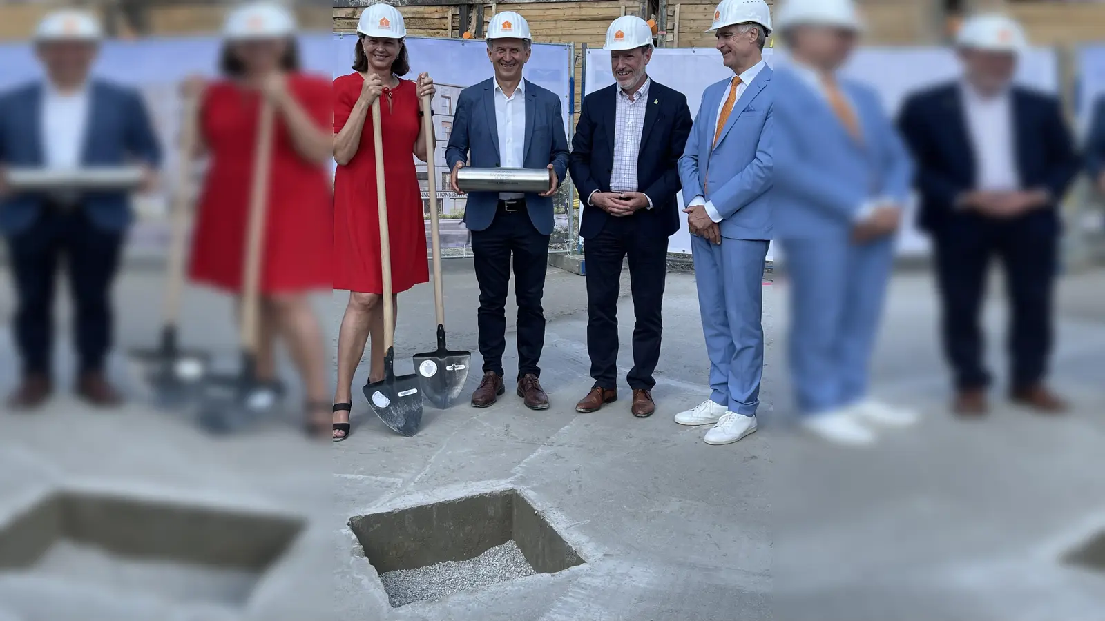 Feierten gemeinsam die Grundsteinlegung für das 1. urbane Gebiet im Landkreis Miesbach (v.l.) Landtagspräsidentin Ilse Aigner, Bauherr Wolfgang Bogner, Bürgermeister Christoph Schmid und Landrat Olaf von Löwis.  (Foto: hw)