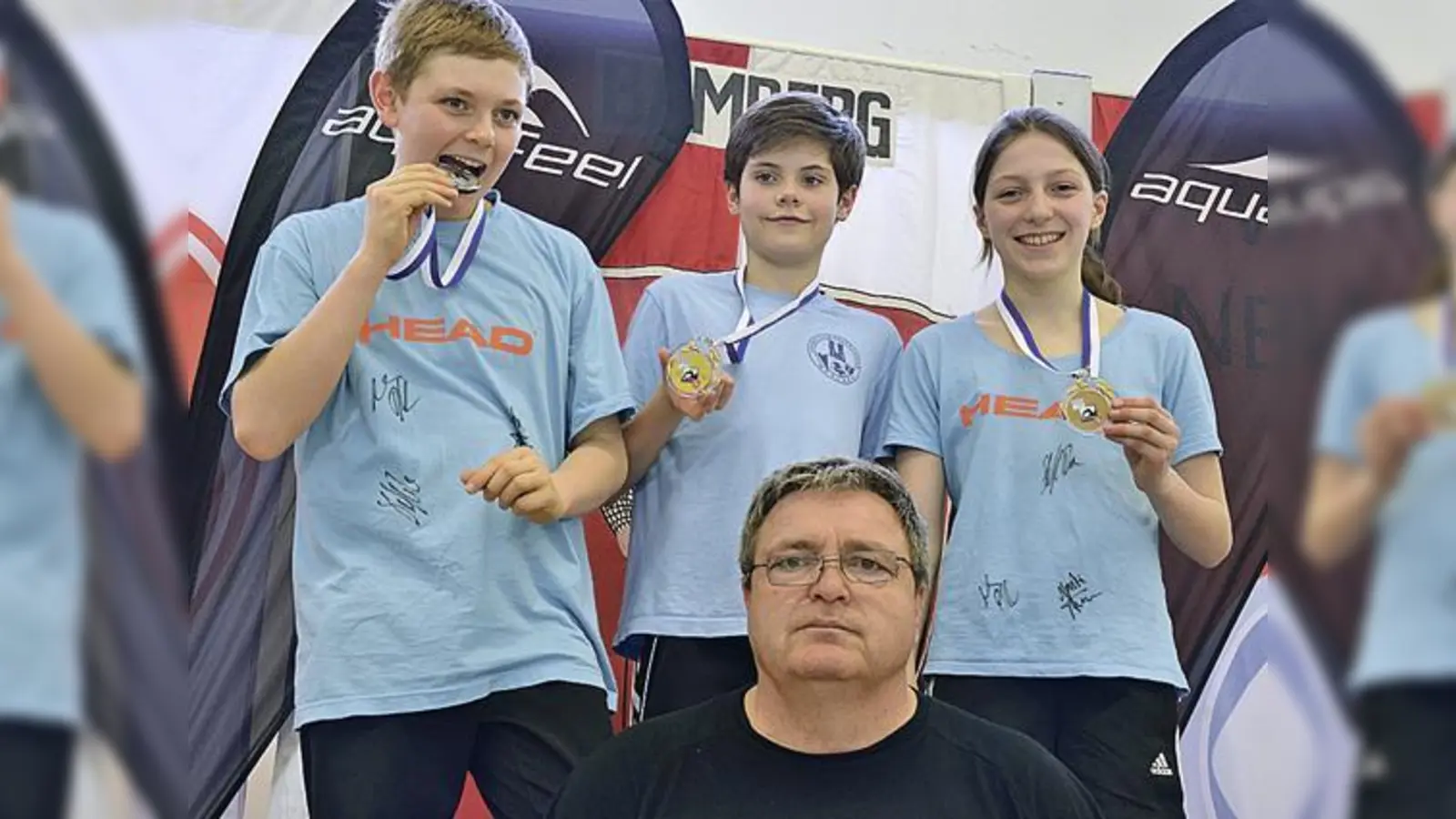 SCPE-Cheftrainer Elvir Mangafic (vorne) und (von links) Andreas März, Markus Fischer, Indira Schmid freuten sich über ihre Medaillen. 	 (Foto: Verein)