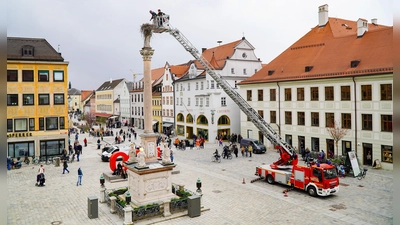 Auf Anraten der Unteren Naturschutzbehörde wurde das Nistmaterial von der Mariensäule entfernt und in das neue Quartier auf dem Dach des Marcushauses eingebracht. (Foto:  © Stadt Freising)
