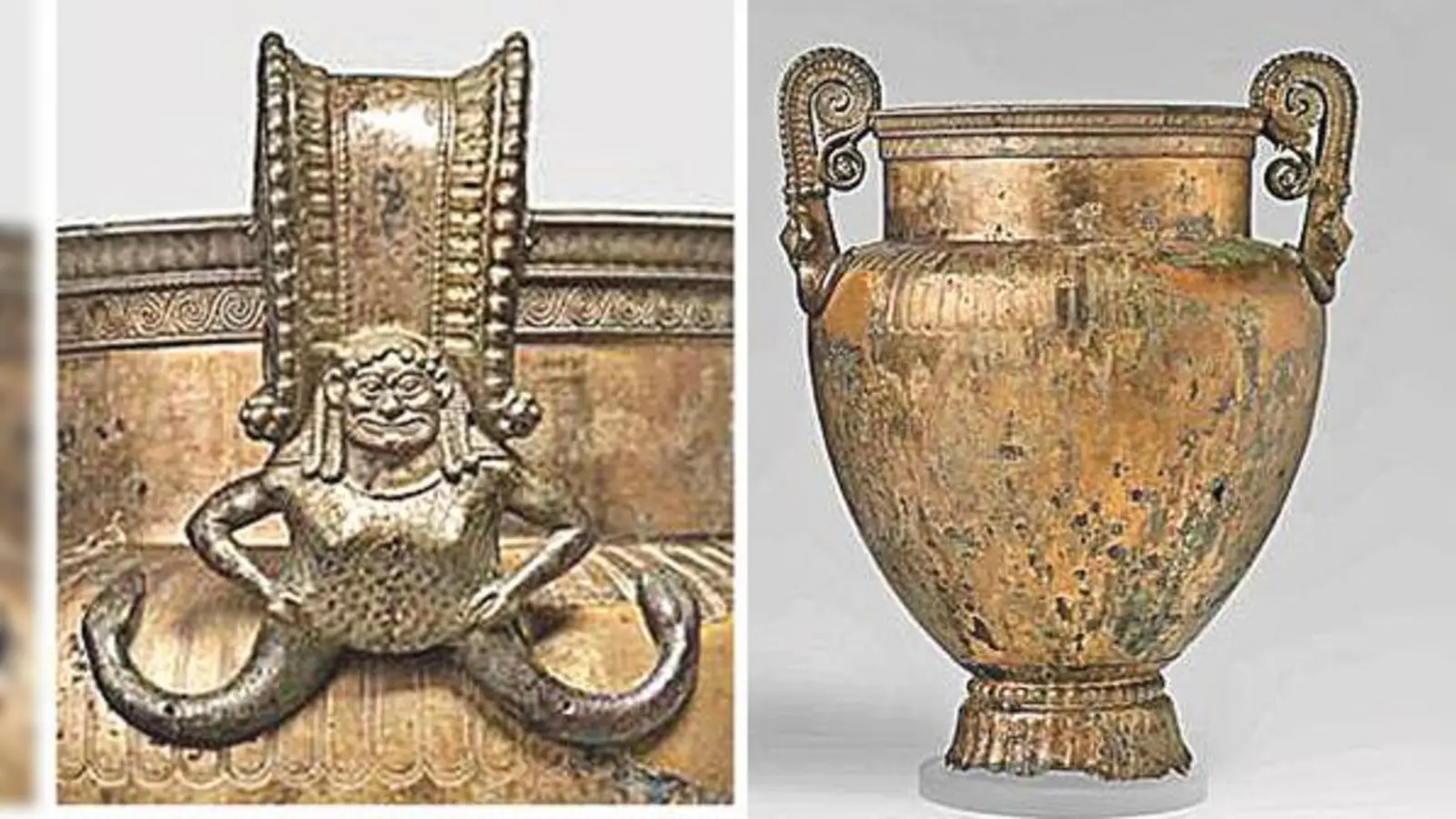 Griechischer Bronzekessel, in dem Wein und Wasser gemischt wurden. Die Volutenhenkel zieren  Brustbilder der Dämonin Gorgo mit Schlangenbeinen. Aus Campanien, um 520 v. Chr., Höhe 63 cm.  (Foto: Staatl. Antikensammlungen und Glyptothek München, Renate Kühling)