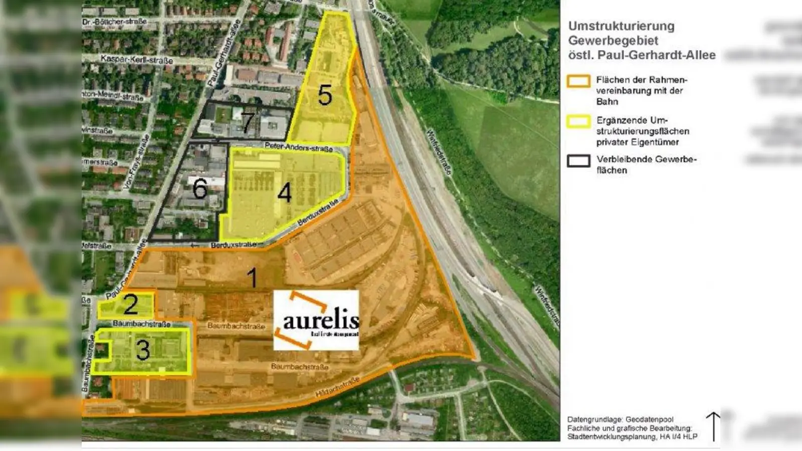 Insellage: das geplante Wohngebiet für 5.500 Bewohner und 1.500 Arbeitsplätze ist bisher nur über dei Frauendorfer- und Nusselstraße zu erreichen. (Foto: Quelle Planungsreferat München)