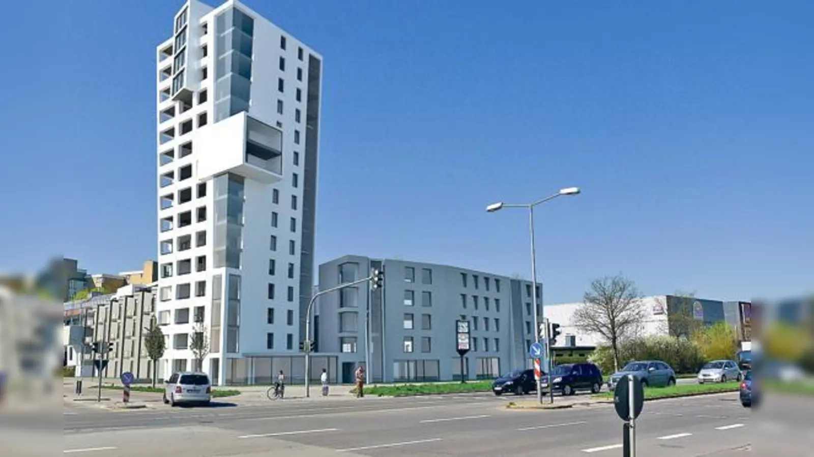 Ansicht des an der Münchener Straße 24 / Jagdfeldring geplanten 46 Meter hohen Wohnturms.	 (Foto: Architekten Kock / Daberkow)
