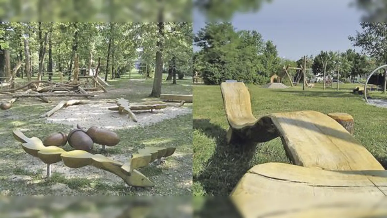 Eichenbäume, Eichenholz, Eichenform  alles passt zusammen im neuen Spielplatz im Lohwald. (li.). Viel Holz gibt es nun auf dem Spiel- und Freizeitgelände an der Dietersheimer Straße.   (Fotos: Privat)