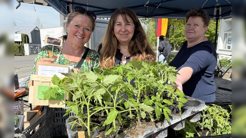 Auf dem Pflanzenmarkt stellen (v. l.) Juliane Seeliger-von Gemmingen, Barbara König-Schmidbauer und Edith Liebhart die Saatgut-Bibliothek vor.  (Foto: pst)