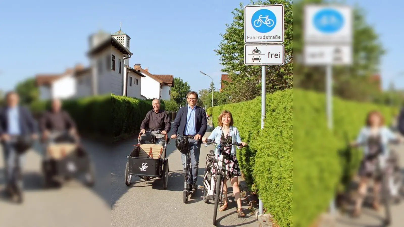 Martin Fink (Zweiter Bürgermeister), Oliver Fiegert (Referent Mobilität)  und Christine Hammel (Gemeinde Gilching, zuständig für Energie / Klima / Umwelt) in der neuen Fahrradstraße. (Foto: Gem)