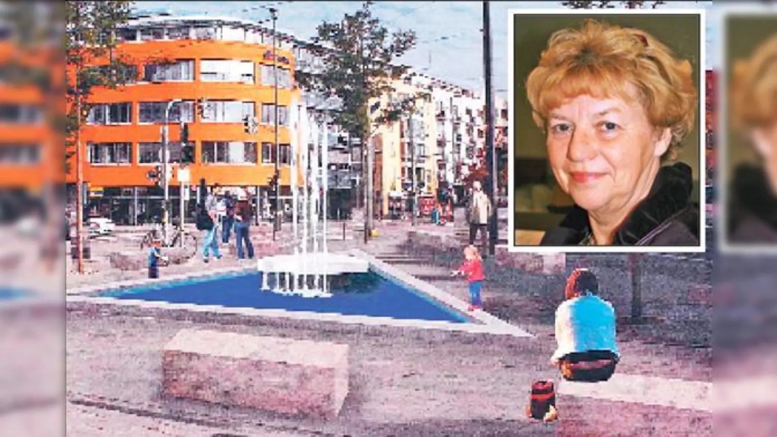 Ende Juni soll der Brunnen »Ultramarin« am Verkehrsknoten Dachauer/Bauberger/Pelkovenstraße eröffnet werden. Jetzt haben die Arbeiten begonnen. Darüber freut sich auch Initiatorin Johanna Salzhuber. 	Simulation:  (Baureferat/F.: Archiv)