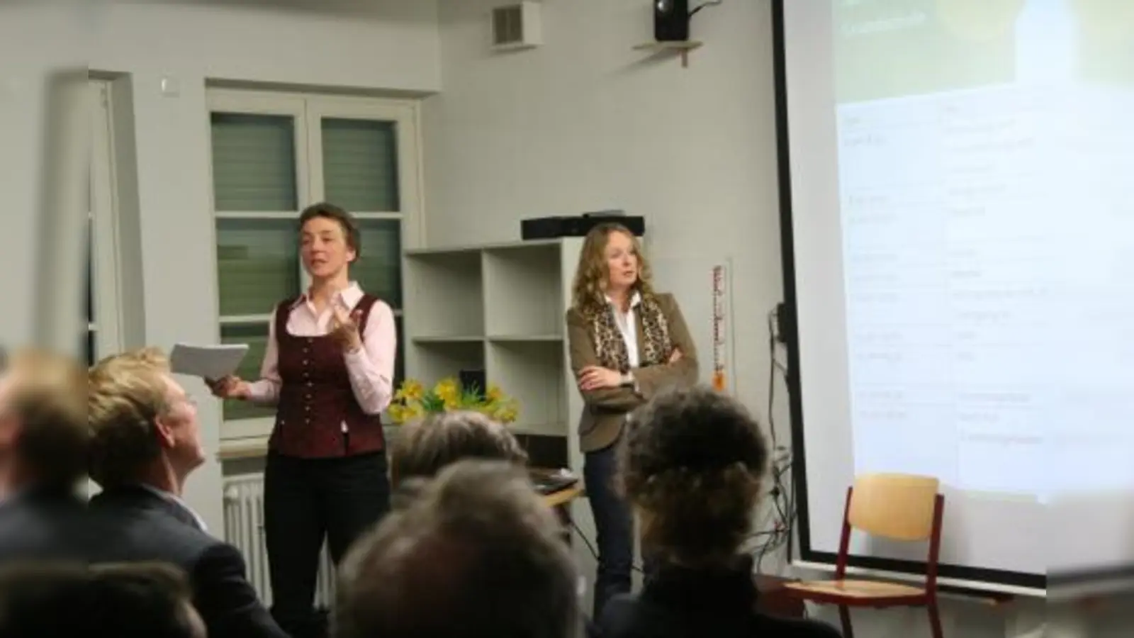 „Wir unterrichten Englisch nach dem Immersionsprinzip. Die Kinder lernen Englisch, wie sie ihre Muttersprache gelernt haben.“ Hildegard Braun-Wolf und Ursula Berktold (v.l.) erklären auf einem ersten Elterninformationsabend das Konzept des bilingualen Unterrichts. (Foto: US)