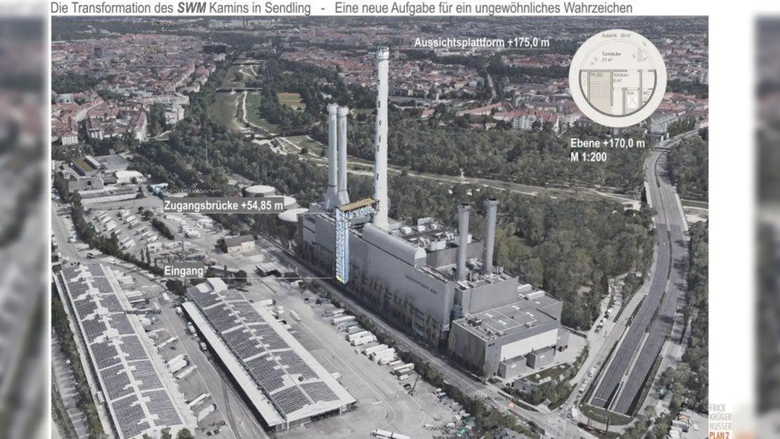 So hätte ein möglicher, öffentlicher Zugang zum Schornstein auf dem Gelände Heizkraftwerk Süd aussehen können. (Foto: Frick/Krüger/Nusser, Plan2 Architekten)