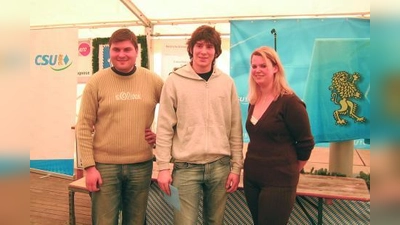 Adrian Vogelsgesang (Mitte) erhielt von Angela Fürst, Ortsvorsitzende der JU Aubing, und ihrem Stellvertreter Sebastian Kriesel den ersten Preis beim Aubinger Schafkopfturnier überreicht. (Foto: pi)