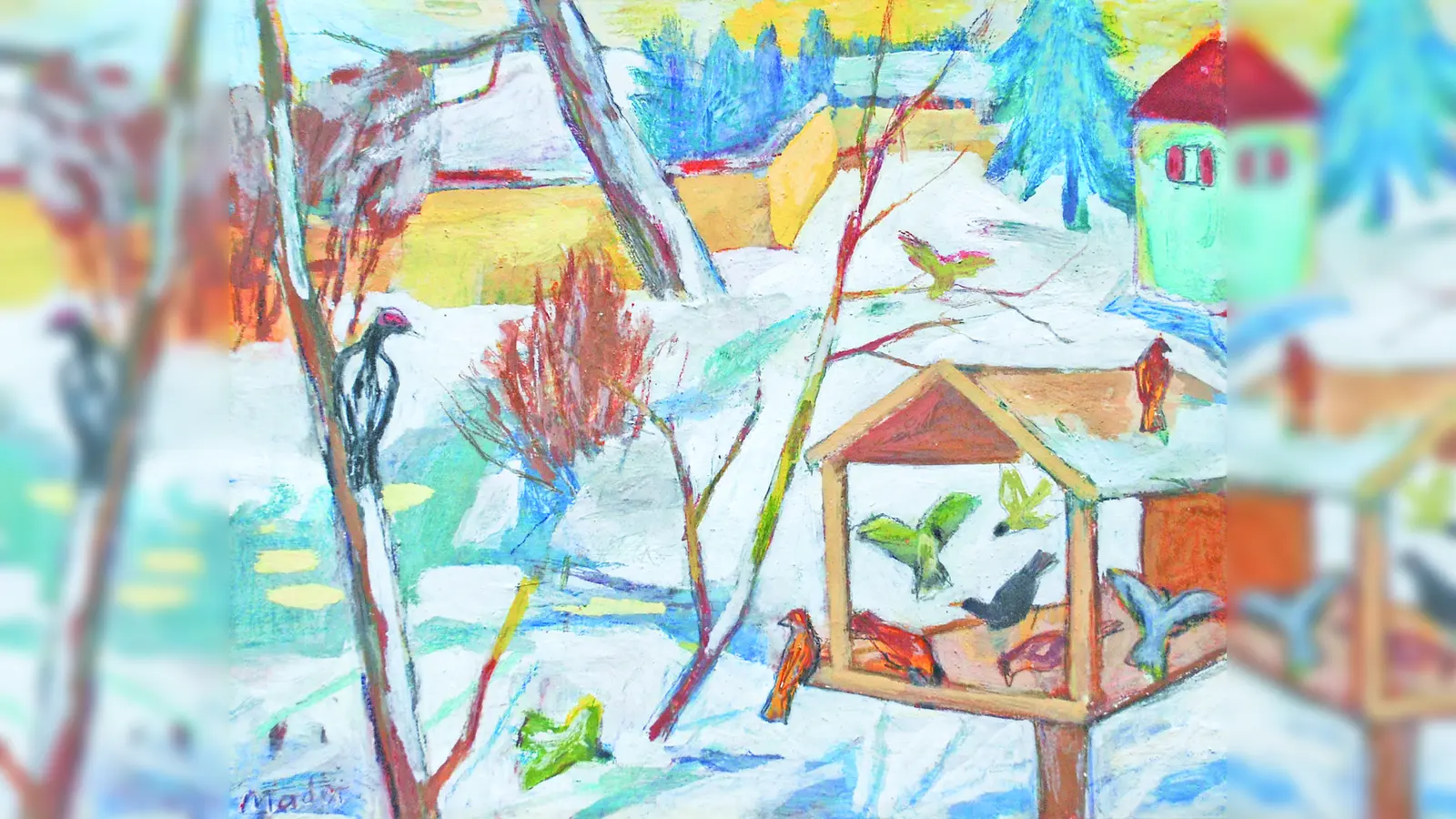 Winterliches Futterhäuschen (1958) von Joseph Mader als Amtsraumschmuck in der Mittelschule an der Wörthstraße. (Foto: Mader)