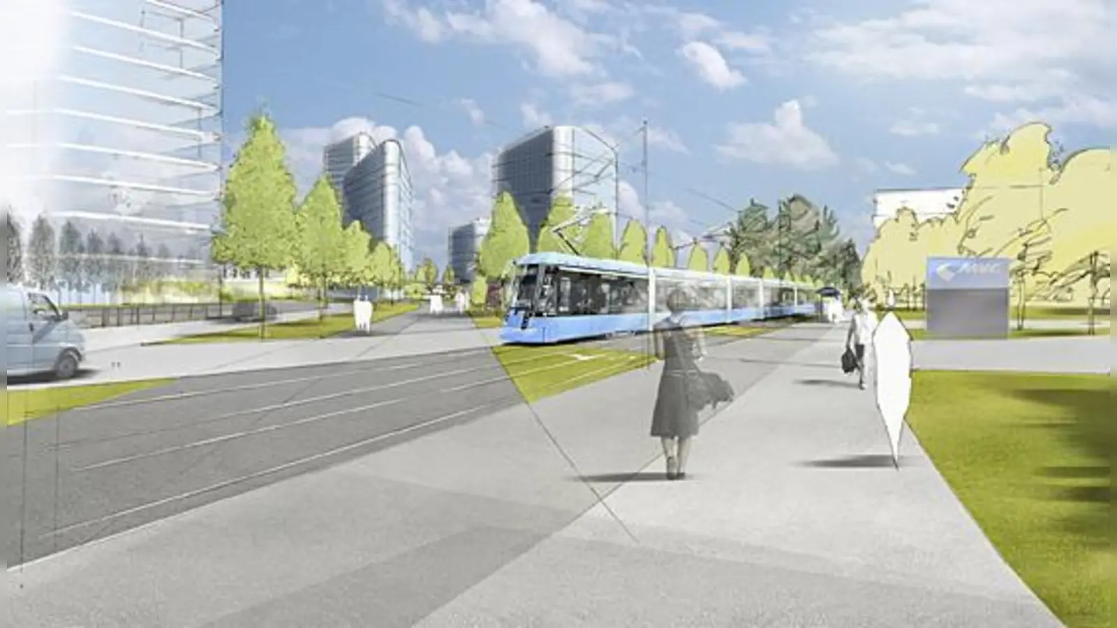 Die aus Richtung Berg am Laim kommende Tram passiert den Vogelweideplatz und fährt durch die Einsteinstraße weiter zum Max-Weber-Platz.  (Grafik: MVG)