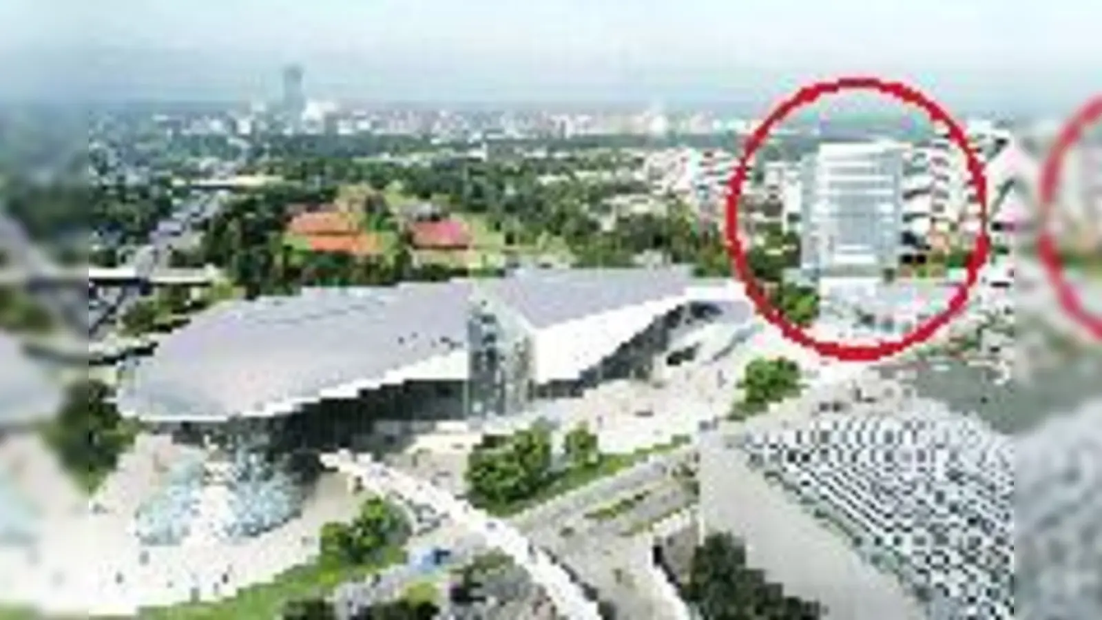 Das geplante Hotel (rechts hinterhalb der BMW-Welt) könnte bis zu 70 Meter hoch werden und überragt dann die BMW Welt.  (Simulation: ECE)