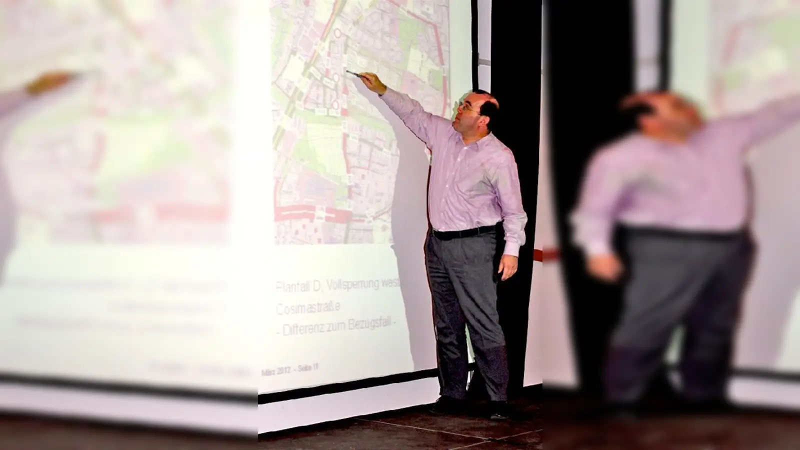 Dr. Michael Schramm, Vorsitzender des Vereins »Verkehrskonzept Prinz Eugen Park e.V. wirbt für seine Variante der Verkehrsregulierung bei der öffentlichen Vorstellung des Verkehrsgutachtens.	 (Foto: ahi)