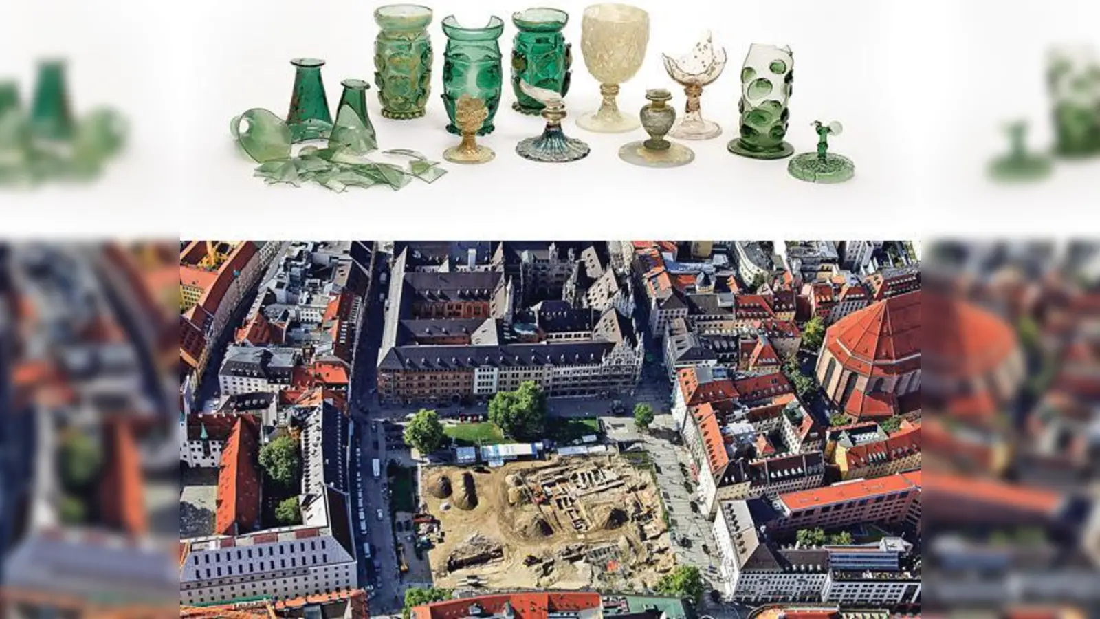 Luftbild vom Marienhof von 2011/2012. (F: Bayer. Landesamt f. Denkmalpflege, Luftbilddokumentation, K. Leidorf). Funde der 1428 eröffneten Münchner Ratstrinkstube sind in der Stadtinformation zu sehen.  (Foto: Archäologische Staatssammlung M., S. Friedrich)