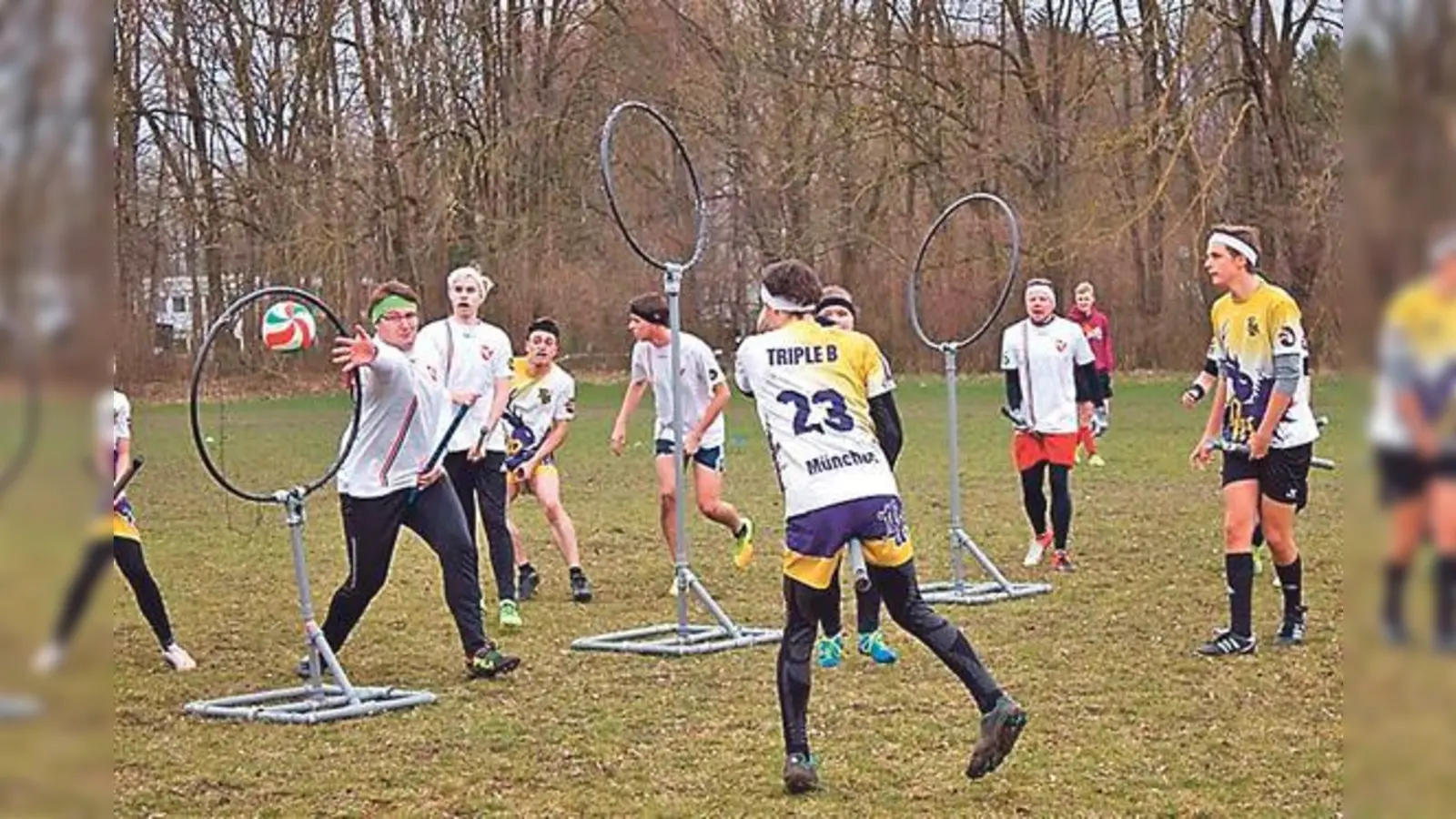 Beim PSV Moosach wird nun Quidditch gespielt. Dass die Spieler hier nicht durch die Lüfte fliegen, tut dem Spaß und der guten Stimmung keinen Abbruch. 	 (Foto: PSV München)