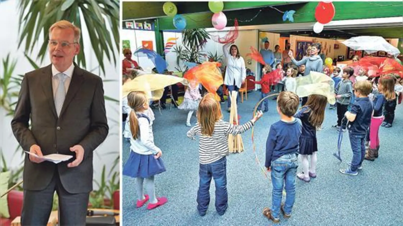 Bürgermeister Jan Neusiedl lobt die Buben und Mödchen vom Kindergarten Moritz für ihren Forschergeist. Diese zeigten zum Abschluss der  Veranstaltung einen Tanz. 	 (Fotos: VA)