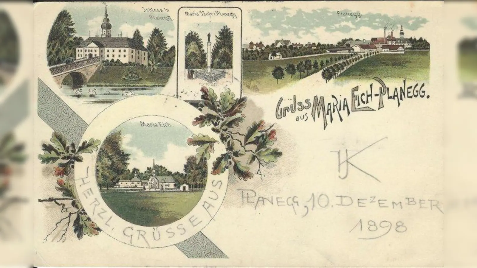 Zeitreise: Die Postkarte aus dem Jahr 1898 zeigt den Wallfahrtsort Maria Eich, das Schloss Planegg und die Ortseinfahrt. (Foto: Gemeindearchiv Planegg)