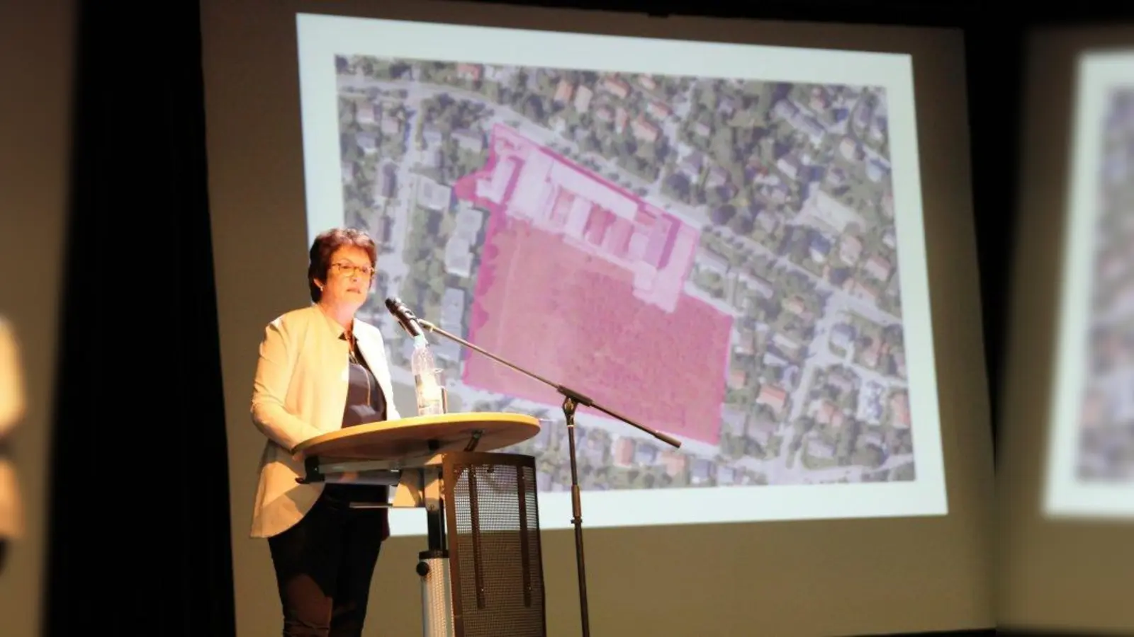 Umgriff AOA-Gelände: Insgesamt 2,8 Hektar Grund stehen zur Verfügung. Im Bild Bürgermeisterin Brigitte Kössinger vor der Visualisierung des Bebaungsgrunds. (Foto: us/archiv)