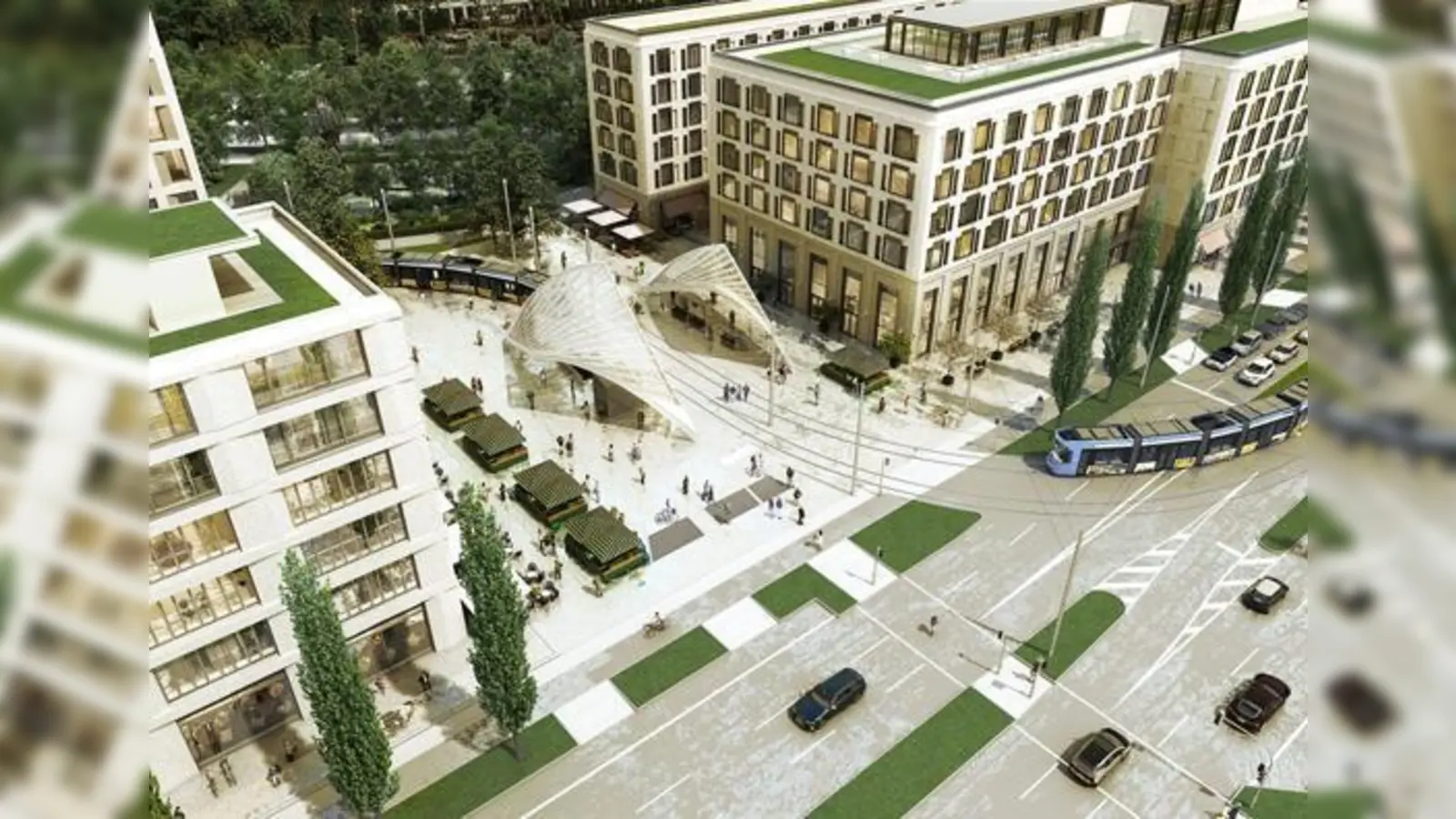 Einbettung der Tramhaltestelle am Schwabinger Tor in das architektonische Gesamtkonzept des neuen Stadtquartiers.  (Foto: Jost Hurler Gruppe)