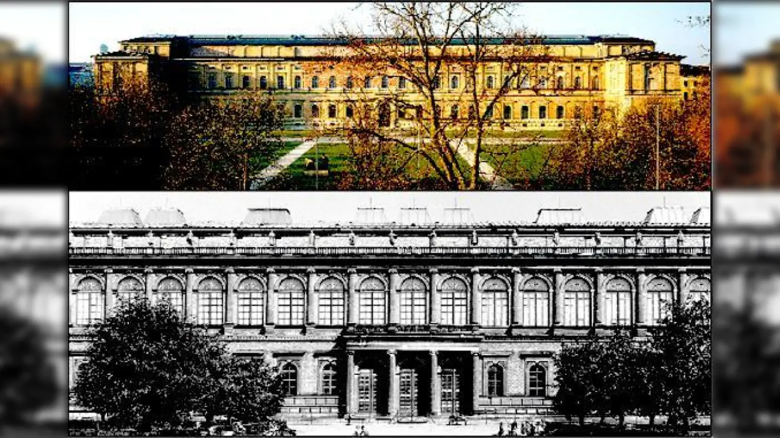 Die Alte Pinakothek im Laufe der Zeit: oben eine aktuelle Ansicht, unten ein Bild aus dem Jahr 1938. Heuer feiert die Gemäldesammlung 175-jähriges Jubiläum. 	 (Foto: © Haydar Koyupinar/Bayerische Staatsgemäldesammlungen)