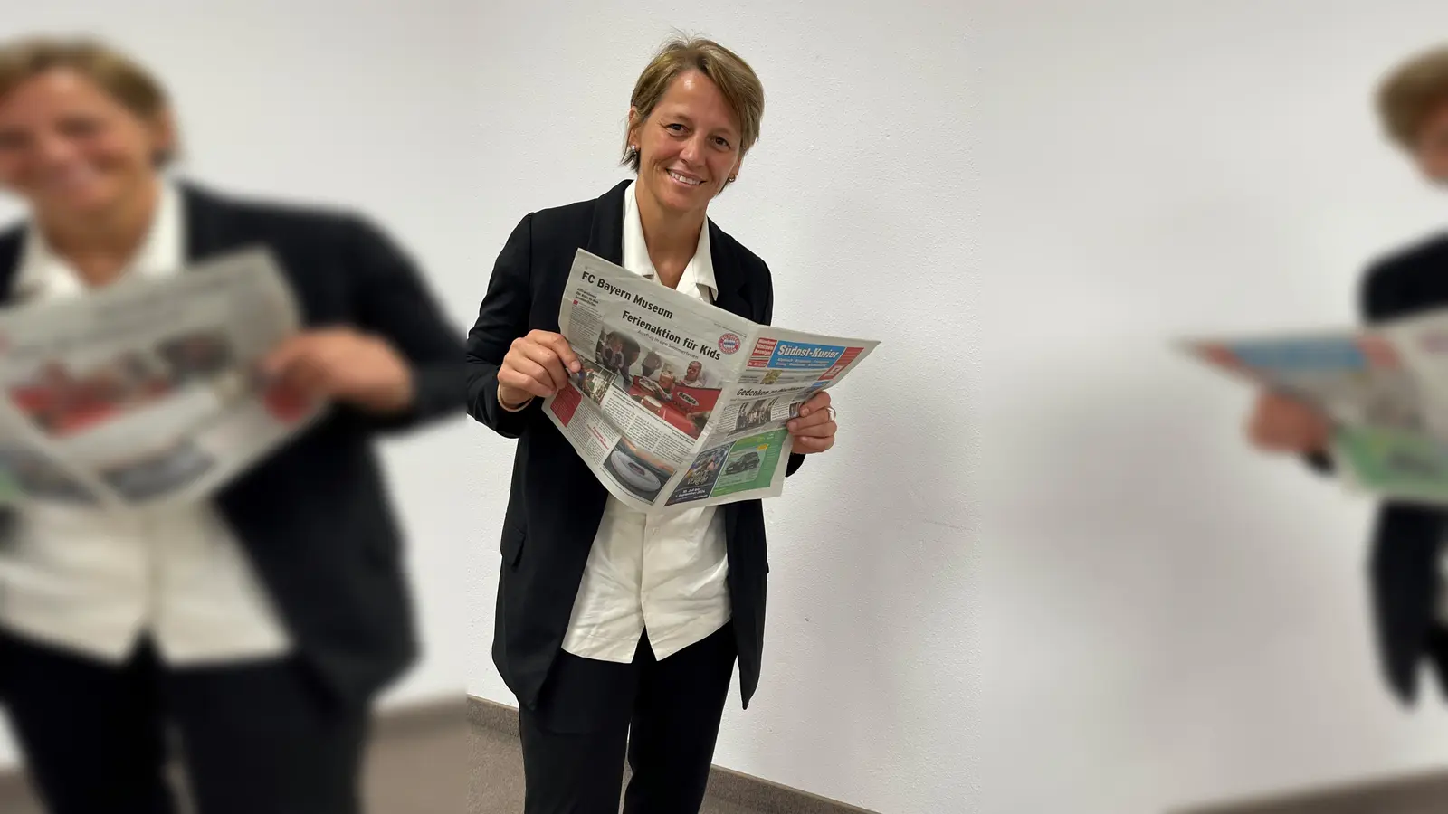 Die Direktorin FC Bayern Frauen, Bianca Rech, gratuliert den Münchner Wochenanzeigern zum 100. Geburtstag.  (Foto: hw)
